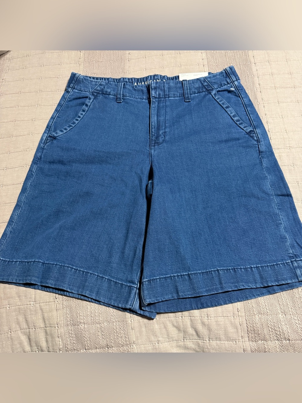 New Women American Eagle Trouser Bermuda Shorts High Rise Stretch Blue Denim- 10